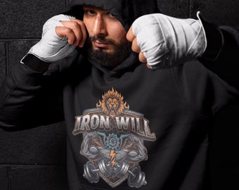 Sweat à capuche Iron Will Lion – Sweat à capuche fitness et gym – Sweat à capuche sport pour hommes et femmes – Sweat-shirt motivant – Cadeau pour les fans de fitness