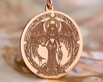 Lilith Necklace, Dark Goddess Pendant with Wings and Scythe (Gold or Silver)