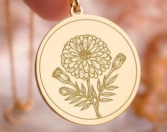 Marigold Birth Flower Necklace: October Pendant in Gold or Silver