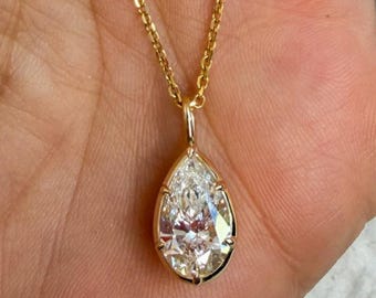 Pear Moissanite Pendant Women Wedding Gift 2.00 Ct Pear Cut Moissanite Pendant Bezel Set Unique Pendant 14k Yellow Gold Diamond Pendant VVS1