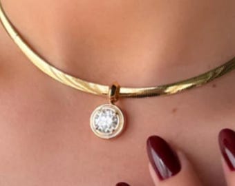 Lab grown Diamond Pendant Close-up bail of 2.00CT round moissanite diamond look pendant in 14k yellow gold double bezel setting for necklace