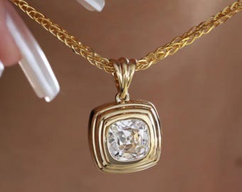 Antique Bezel Set Pendant 2.00 Ct Old European Cushion Cut Moissanite Pendants For Woman Old Mine Cut Charm 14k Yellow Gold Diamond Pendant
