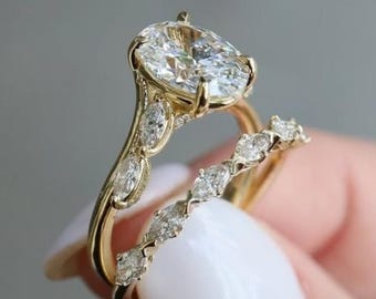 3 Carat Oval Moissanite Engagement Ring Set - 14K Gold Wedding Band