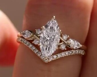 2 CT Marquise Moissanite Diamond engagement ring set Unique Rose gold ring Diamond ring leaf band Bridal Set Promise Ring Anniversary Ring