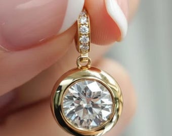 Round Cut Bezel Diamond Pendant Round Cut Moissanite Pendant 2.00 Ct Pave Moissanite Charm For Women 14k Yellow Gold Diamond Pendants Gift