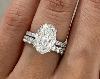 3 Carat Oval Moissanite Engagement With Diamond Band Wedding Ring Set For Women in 14K Solid Gold, Available White Gold and Rose Gold