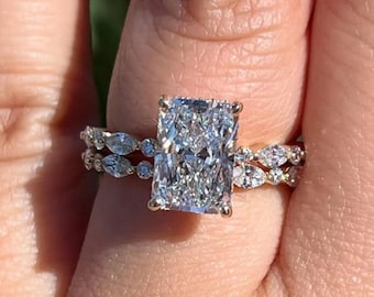 3 CT Radiant Cut Moissanite Diamond Engagement Ring , Solitare Diamond With Pave Wedding Band, Bridal Ring Set, Anniversary Gift For Her