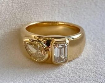 Two Stone Moissanite Ring Bezel Set Toi Et Moi Engagement Ring 2 Cwt. Emerald & Pear Cut Canary Yellow Moissanite Ring 14k Yellow Gold VVS1