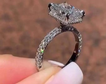 14K Gold Moissanite Engagement Ring Hidden Halo Radiant Cut Solitaire Wedding Ring 3Ct Radiant Cut Moissanite Pave Setting Ring Gift For Her