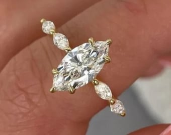 Marquise Moissanite Engagement Ring / 14K Solid Gold Pave Set Side Stone Ring / Marquise Diamond Ring For Women / Promise Ring / Travel Ring