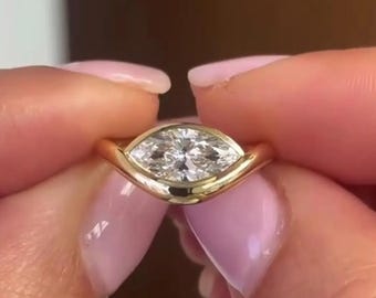 1.5 CT Marquise Diamond Ring | East-West Bezel Set Pinky Ring | Low Profile Dainty Gold Ring | Minimalist Everyday Ring | Gift for Her
