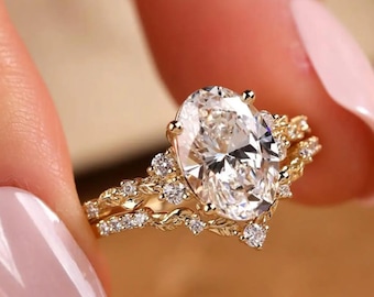 3 CT Oval Cut Moissanite Engagement Ring, Gold Full Eternity Matching Wedding Band, Bridal Ring Set, Anniversary Gift For Her