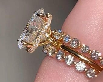 3 CT Oval Cut Moissanite Hidden Halo Trio Wedding Ring Set, 14k Solid Gold Oval Cut Solitaire Trio Ring Set Gifts, Oval 3 Piece Bridal Sets