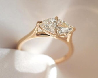 East West Marquise Moissanite Engagement Ring, 14K Yellow Gold Solitaire Ring, Unique Minimalist Bridal Ring