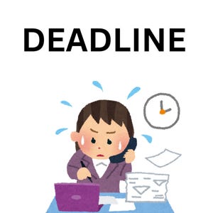 Puede incluir: Ilustración de una persona estresada en un escritorio, sosteniendo un teléfono, con la palabra "DEADLINE" arriba. Un reloj indica que el tiempo se acerca. Una computadora portátil y papeles están en el escritorio.