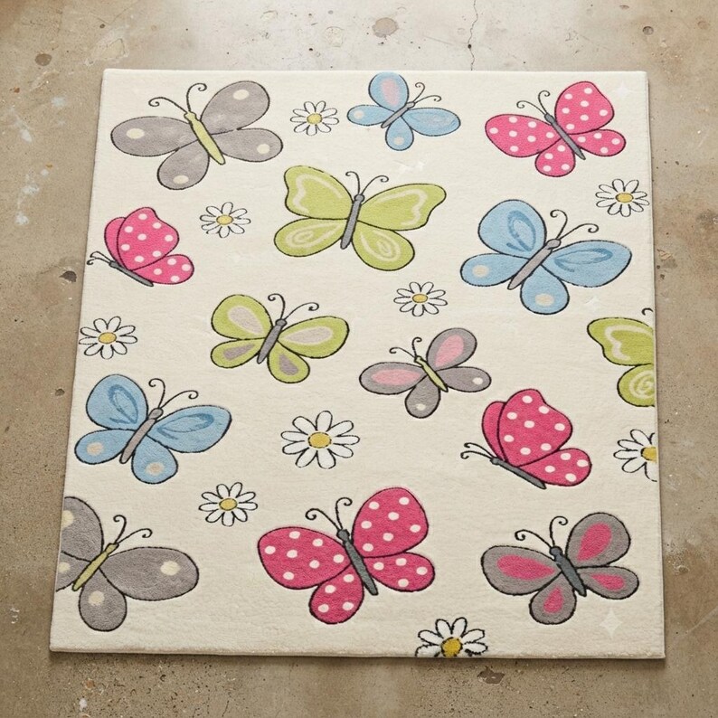Pastel Patterned Rug Cute Butterfly Kids Rug, Pastel Nursery Decor, Playroom Area Rug, Girls ...
