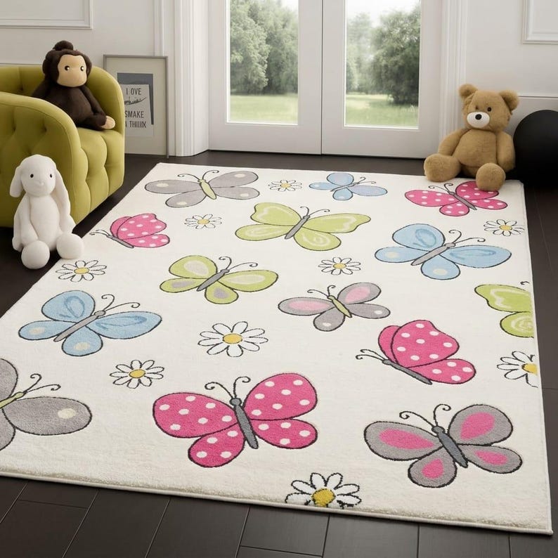 Pastel Patterned Rug Cute Butterfly Kids Rug, Pastel Nursery Decor, Playroom Area Rug, Girls ...
