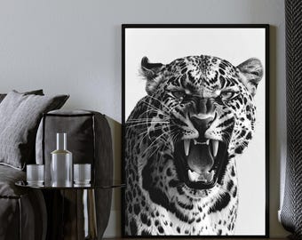 Black and White Leopard Poster Wild Cat Wall Art Animal Print Digital Download Modern Minimalist Decor