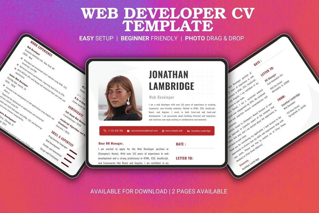 Web Developer Cv.pdf 2 Pages Web Developer CV Template | Editable Canva Resume for Front End ...