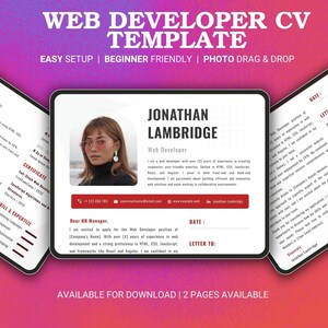 May include: A Web Developer CV template with a modern design. The template includes sections for work experience, skills, and a letter to the hiring manager. The design is beginner-friendly and allows for photo integration.