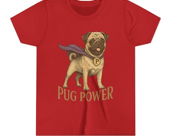 Pug Power Kids T-Shirt;  Superhero Pug Youth Dog Tee