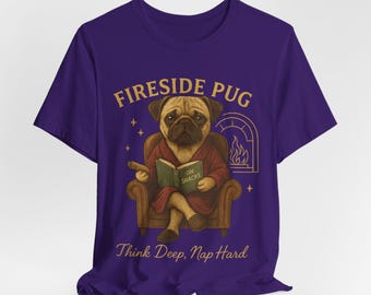 Camiseta Fireside Pug: Camiseta con gráfico grabado vintage