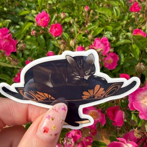 Peut inclure: Un autocollant représentant un chat endormi dans un bol décoratif noir avec des détails dorés. Le chat a une fourrure foncée avec des rayures plus claires. L'autocollant est tenu devant un fond de roses roses.