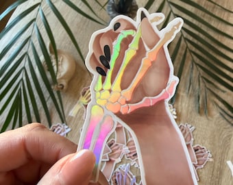 Human Skeleton Handshake Holographic Vinyl Sticker 3x4cm — Memento Mori, Macabre Art, Dark Academia Decor