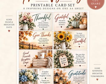 Druckbare Thanksgiving-Karten, 16 Dankeskarten, 2 Farbvarianten, A7-Format, Sofortiger digitaler Download