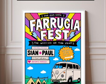 Personalised Festival Wedding Poster | Custom Couple Gift, Anniversary Print (A4)
