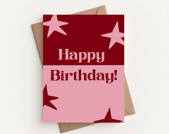 Red & Pink Birthday Card | Colourful Happy Birthday Card | Modern Star Birthday Card | Cute Birthday Greeting Card | A6 Birthday Card