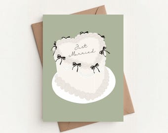 Just Married Wedding Card | Cute Illustrated Wedding Cake Greeting Card | Newlywed Congratulations Card