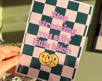 Stop Stressing You Silly Little B*tch Print | Funny Sarcastic Wall Art | Rude Quote Poster | Green Checkered Purple Print