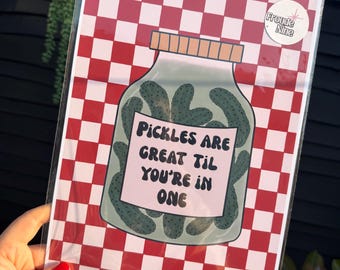 Funny Pickle Print | Burnt Orange Checkerboard Wall Art | Quirky Kitchen Decor | Retro Humour Print