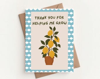 Teacher Thank You Card | Thanks for helping me grow | Lemon Tree Appreciation Card