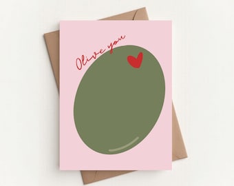 Olive You Greeting Card | Cute Food Pun Card | Funny Love Card | Anniversary Card | Valentine’s Card | Pink Illustrated Card