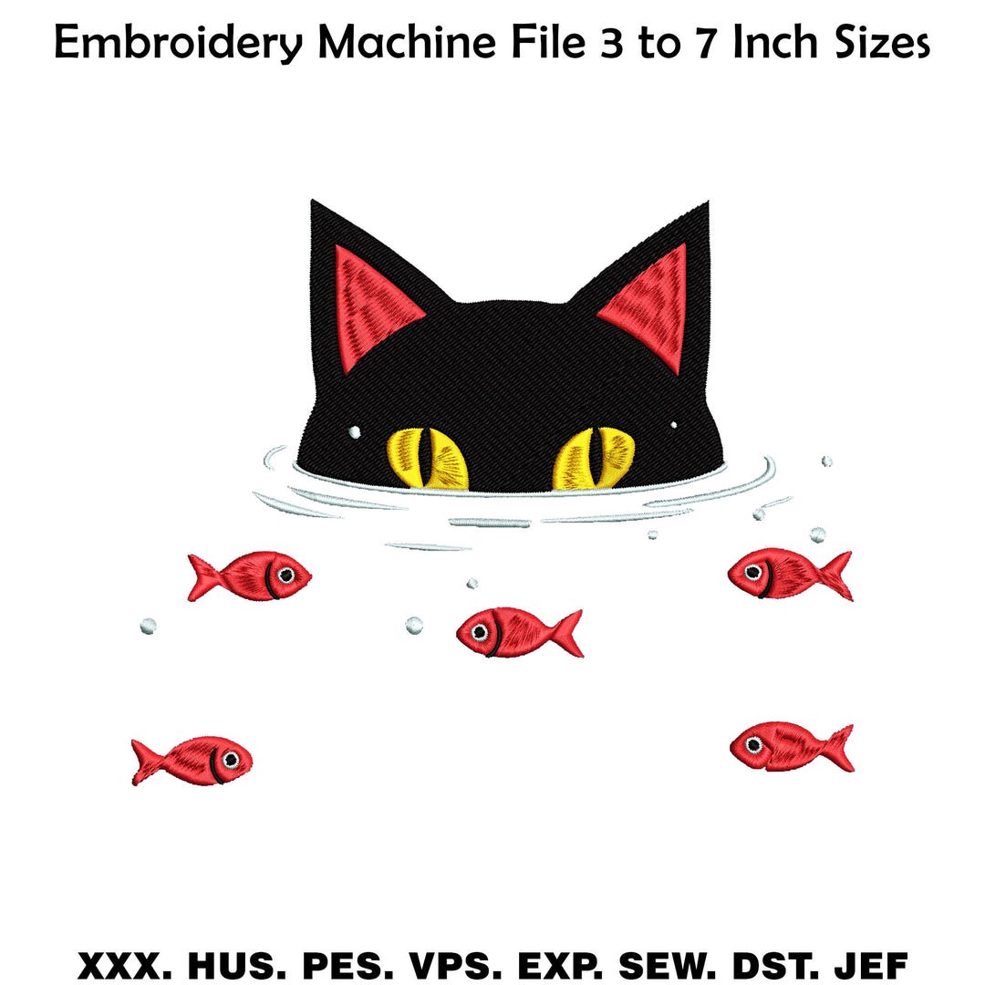 Curious Cat Embroidery Design | Funny Fishing Kitten Machine Stitch ...
