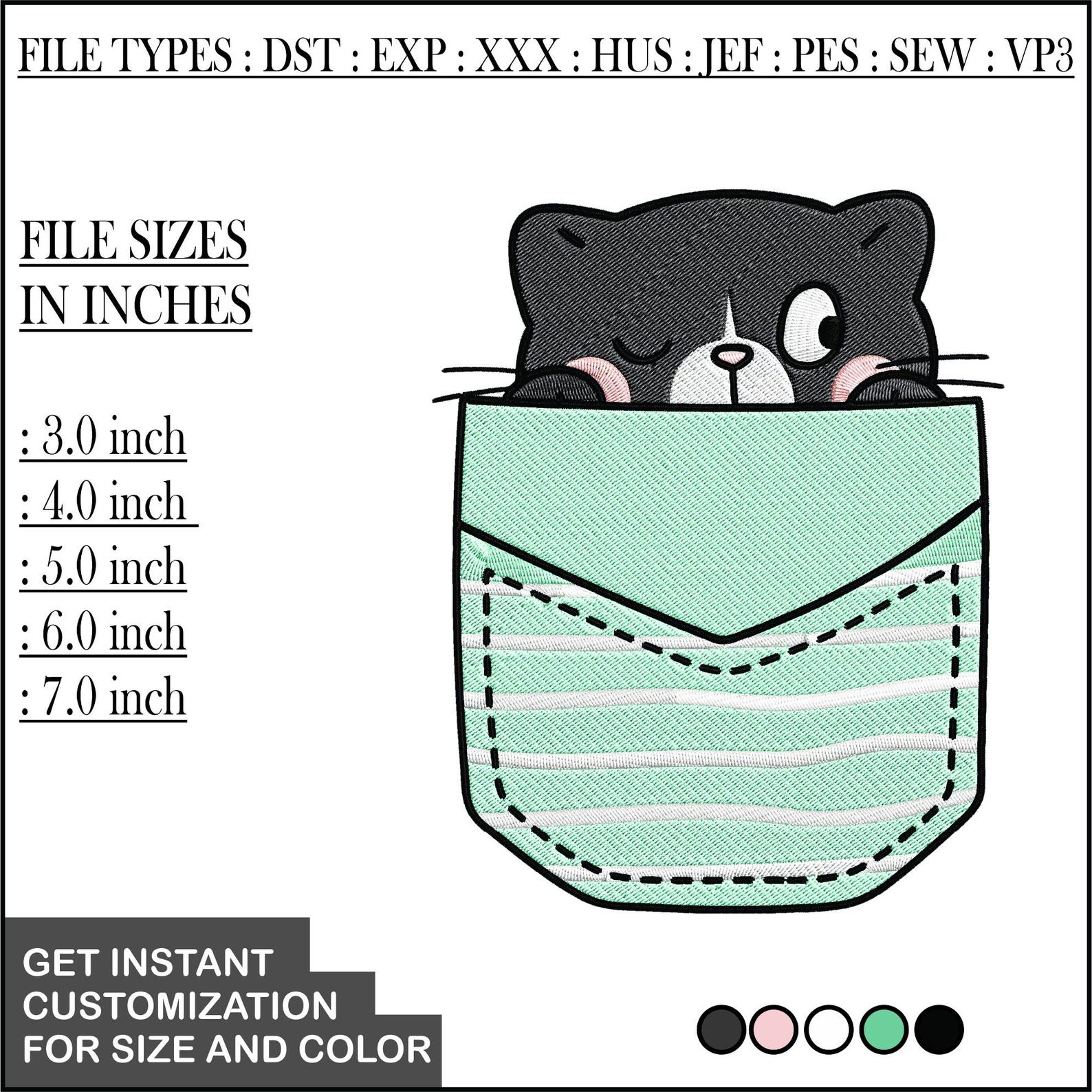 Pocket Cat Embroidery Design, Peeking Cat in Pocket PES, Cute Kitty ...