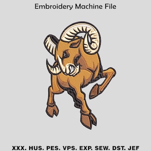 May include: An embroidery machine file featuring a brown ram with large curved horns, sharp tusks, and a determined expression. The ram is leaping forward, with detailed shading and outlines. Text at the top reads "Embroidery Machine File".