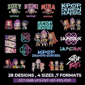 May include: A collection of K-Pop themed digital designs featuring cartoon illustrations of female characters and logos. The designs include text such as "ZOEY", "RUMI", "MIRA", and "K-POP DEMON HUNTERS". The image also states "28 DESIGNS, 4 SIZES, 7 FORMATS".