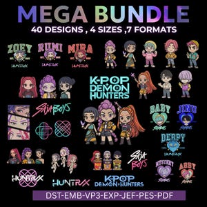 May include: A black graphic featuring the text "MEGA BUNDLE" with various K-Pop themed designs. The designs include cartoon characters, logos, and text such as "K-POP DEMON HUNTERS" and "SAJABOYS". The image also lists 40 designs, 4 sizes, and 7 formats.