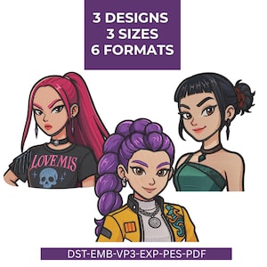 May include: Three stylized cartoon portraits of women with different hairstyles and outfits. The text above reads "3 DESIGNS, 3 SIZES, 6 FORMATS." The bottom text reads "DST-EMB-VP3-EXP-PES-PDF." One woman wears a black shirt with the text "LOVE MIS" and a skull.