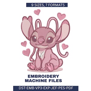 Puede incluir: Diseño de bordado rosa con un personaje de dibujos animados y corazones. El texto "EMBROIDERY MACHINE FILES" está debajo del personaje. La imagen también incluye el texto "9 SIZES, 7 FORMATS" y "DST-EMB-VP3-EXP-JEF-PES-PDF".