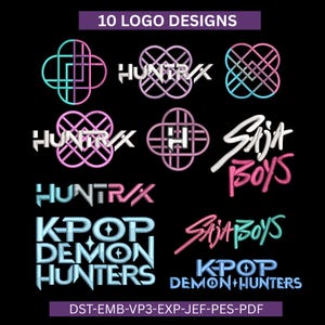 May include: A black background displays ten logo designs in various styles and colors. The text "10 LOGO DESIGNS" is at the top. The logos include the words "HUNTRX", "Sit Boys", and "K-POP DEMON HUNTERS". The file formats are listed at the bottom.