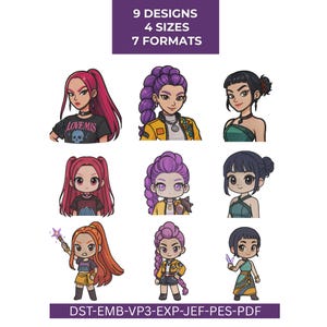 May include: Nine cartoon character designs with various hairstyles and outfits. The image includes the text "9 DESIGNS, 4 SIZES, 7 FORMATS" and "DST-EMB-VP3-EXP-JEF-PES-PDF". Each character has a unique style, with a variety of colors and accessories.