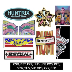 May include: A selection of embroidered patches with diverse designs. Includes a black oval patch with "HUNTRIX World Tour" in white, a star-shaped patch, and a rectangular patch with "SLAY". Also features a patch with "SEOUL".