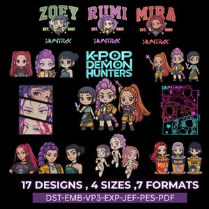 Paquete de bordados Huntrix Girls para mayores de 18 años, diseño de bordado Zoey Rumi Mira, bordado de Demon Hunters de Kpop, archivo de bordado a máquina Huntrix