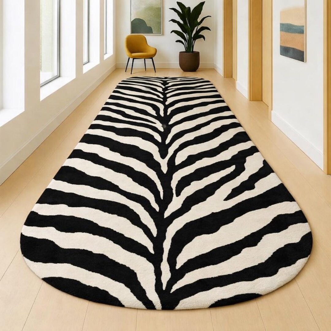 Hand Tufted Zebra Print Rug, Modern Black White Runner, Wool Carpet ...