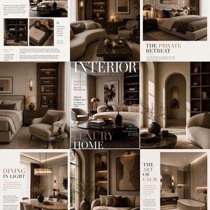 May include: A multi-panel interior design magazine layout featuring neutral-toned living rooms, bedrooms, and dining areas with modern furniture, soft lighting, and architectural details. The text includes titles like Interior Luxury Home, The Private Retreat, and Dining in Light.