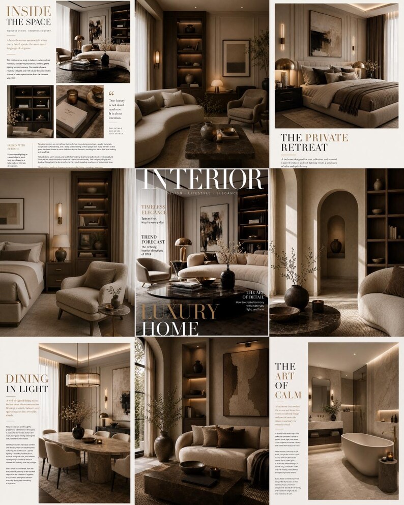 May include: A multi-panel interior design magazine layout featuring neutral-toned living rooms, bedrooms, and dining areas with modern furniture, soft lighting, and architectural details. The text includes titles like Interior Luxury Home, The Private Retreat, and Dining in Light.